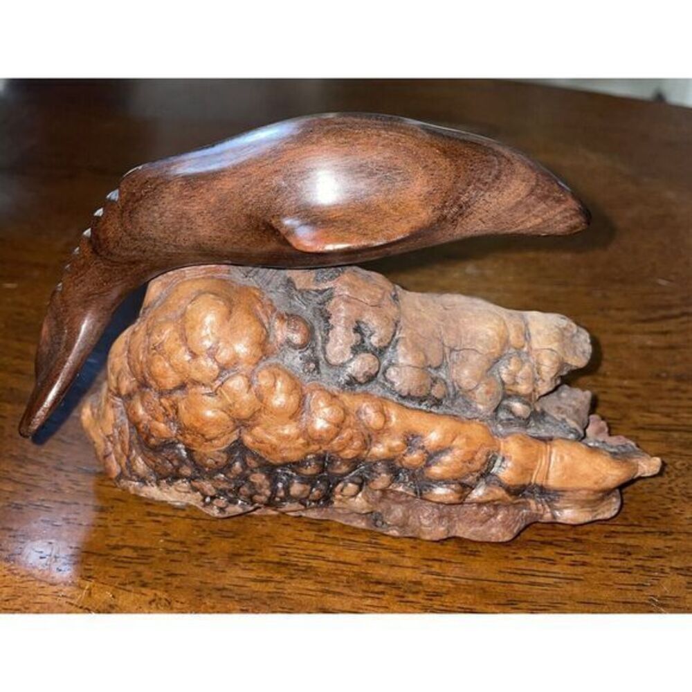 Carved Wood Whale Sculpture On Burl Wood 6"x3.5"x3"